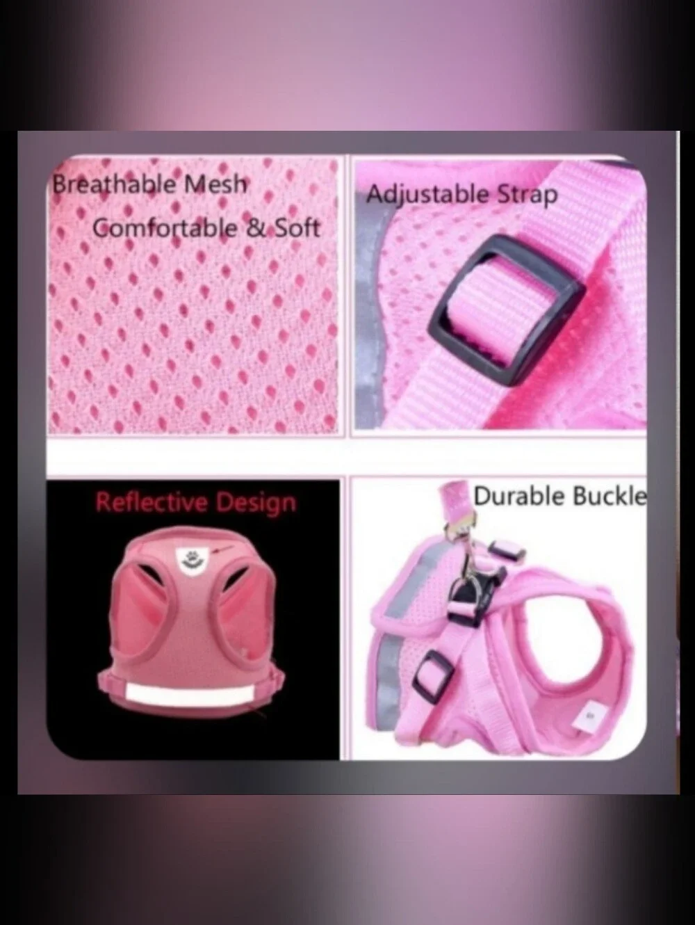Pink Mesh Reflective Dog Harness with Paw Emblem